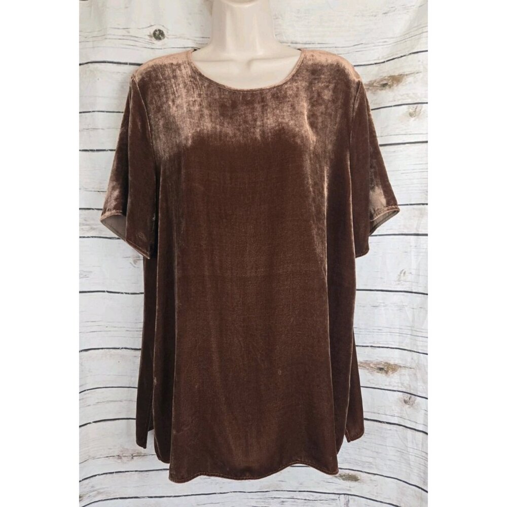 Eileen Fisher Brown Velvet Shirt M Tunic Short Sleeves Silk Blend Womens